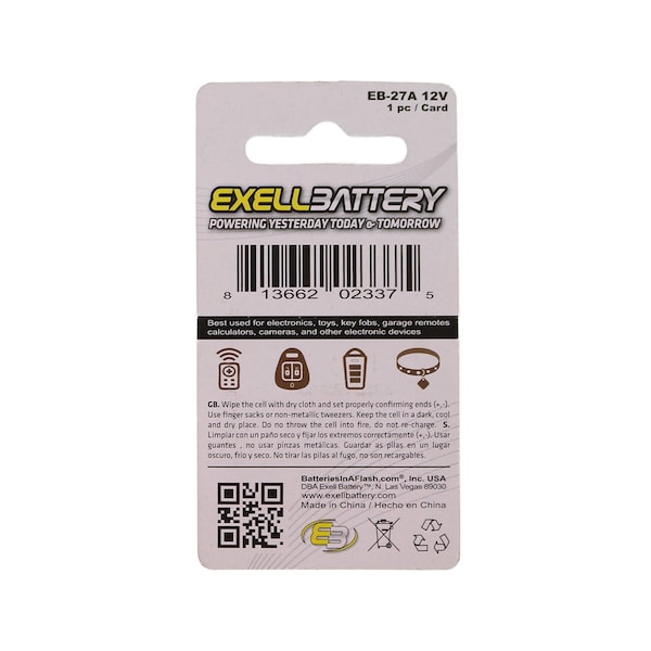 Exell Battery Exell 27A, A27 1pk Blister Card Remote Battery - EB-27A-BP1