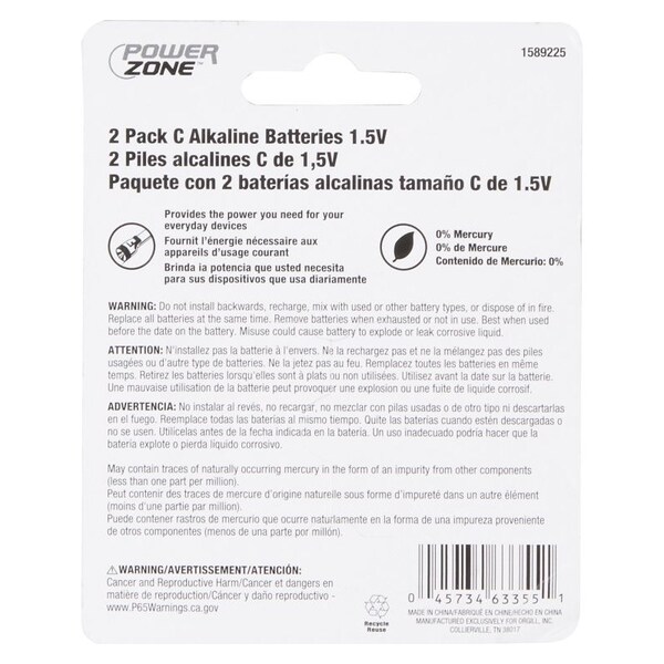 Powerzone Battery, 1.5 V Battery, C Battery, Zinc, Manganese Dioxide, and Potassium Hydroxide - LR14-2P-DB
