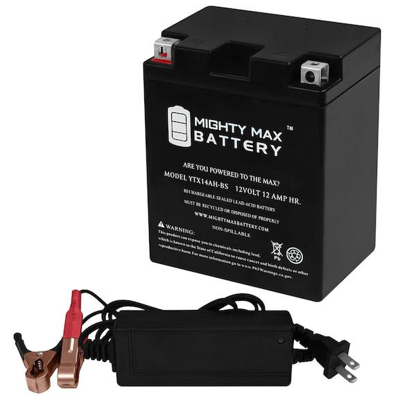 Mighty Max Battery YTX14AH Replacement Battery for Kawasaki 400 Mule SX 2019-2020 With 12V 2Amp Charger - MAX3949102