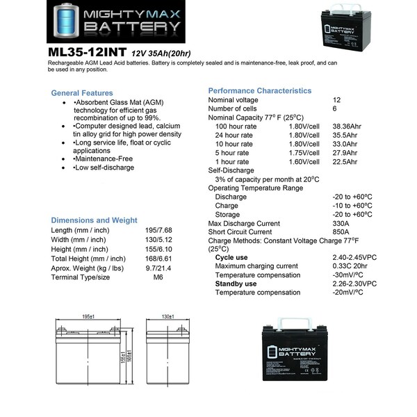 Mighty Max Battery 12V 35AH INT Replacement Battery for Golden Tech AGM1234T - 2PK - MAX3960348