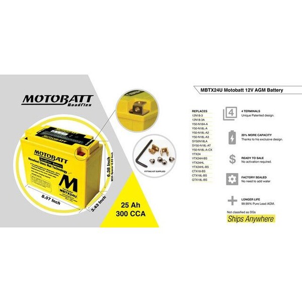 Motobatt 25Ah 350 CCA AGM Powersports Battery replaces YTX24HL - MBTX24U