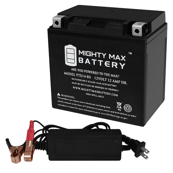 Mighty Max Battery YTX14-BS Replaces Honda GL1500 Valkyrie 97-03 With 12V 2Amp Charger - MAX3835436