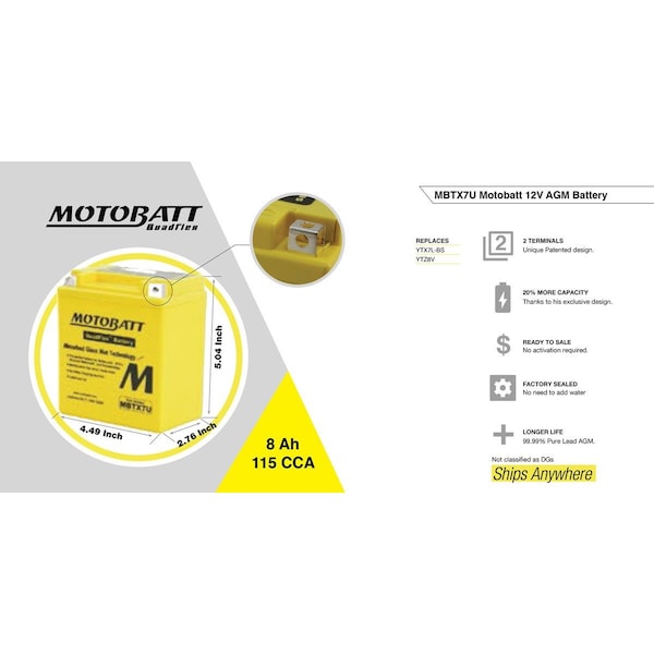 Motobatt 8Ah 115 CCA AGM Powersports Battery replaces YTX7L YTX7L-BS YTZ8V - MBTX7U