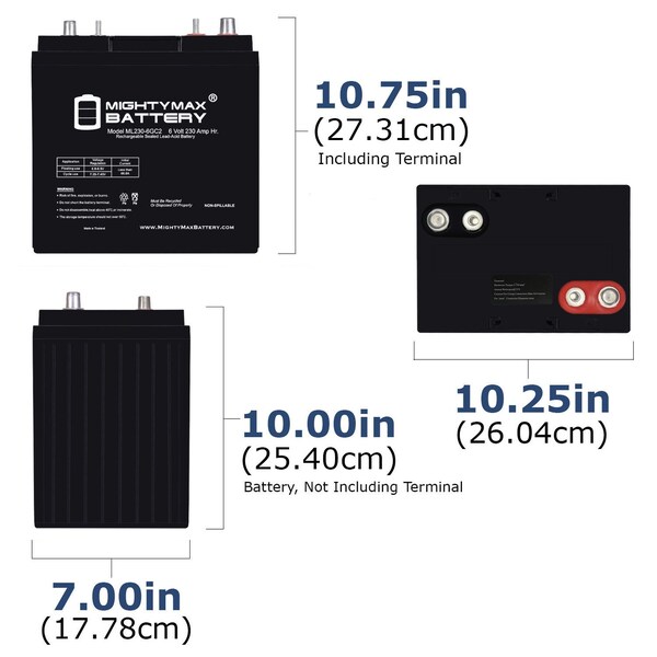 Mighty Max Battery 6V 230AH Dual Terminal SLA Replacement Battery Compatible w/ BCI Group GC2 Deep Cycle AGM Scrubber - MAX4093450