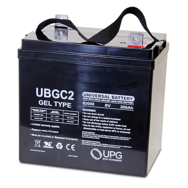 Upg Sealed Lead Acid Battery, 6 V, 200Ah, UBGC2, L5 L Type Tab Terminal, GEL, Golf Cart Type - 40703