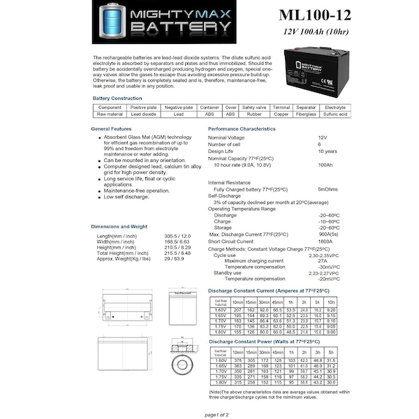 Mighty Max Battery 12V 100Ah SLA Replacement Battery for Powerwall Solar RV - MAX3944160