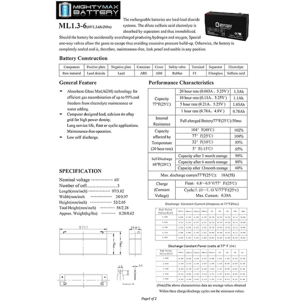Mighty Max Battery 6V 1.3Ah SLA Replacement Battery Compatible with Power Mate PM613 - MAX3985635