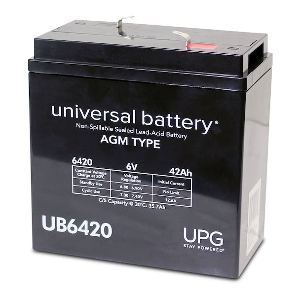 Upg Sealed Lead Acid Battery, 6 V, 42Ah, UB6420, F2 Faston Tab Terminal, AGM Type - 40560