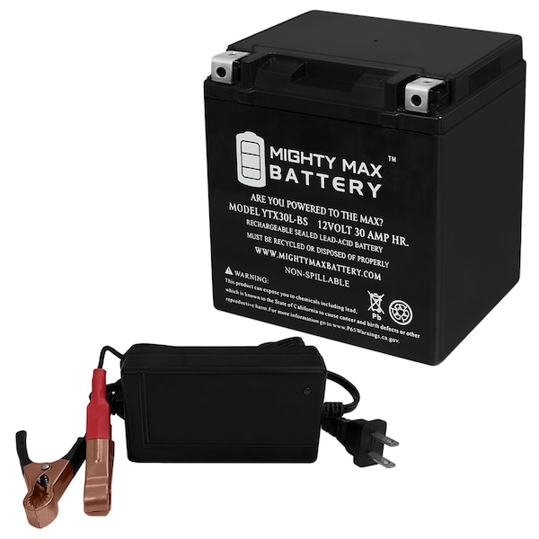 Mighty Max Battery YTX30L-BS Battery for BMW R100GS, PD, R, RS '87-95 With 12V 4Amp Charger - MAX3514705