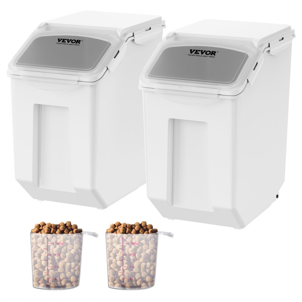 VEVOR Ingredient Storage Bin, 2 x 15L Dispenser Bin with 2 Measuring Cups, Attachable Casters and Airtight Lid, 2 Pcs/Set Dog Pet Food Storage Container, PP Material Kitchen Rice Cereal Flour Bin - ZMXMX215L2CHMATLFV0