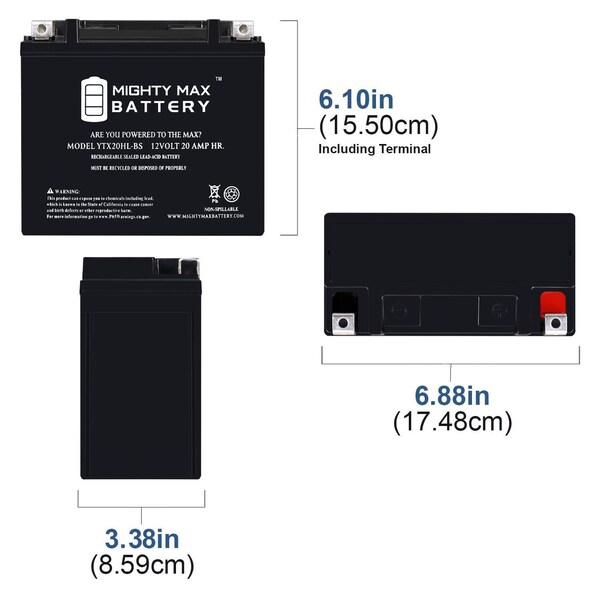 Mighty Max Battery YTX20HL-BS - 12 Volt 20 AH, 310 CCA, Rechargeable SLA AGM Motorcycle Battery - MAX4027333