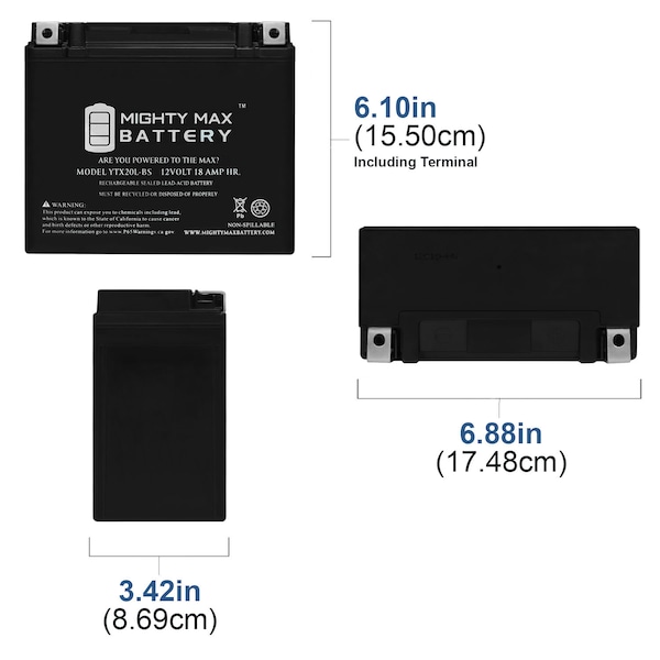 Mighty Max Battery YTX20L-BS Battery Replacement for BRP 500 Renegade 2015 - YTX20L-BS497