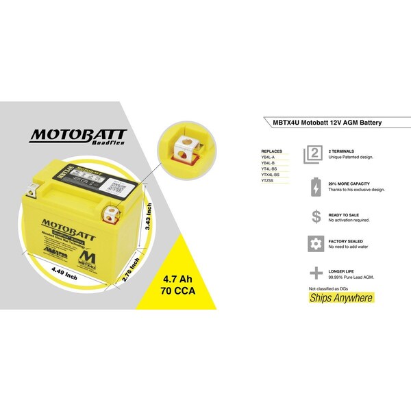 Motobatt 4.7Ah AAGM Powersports Battery replaces YTX4L YTX4LBS YT4LBS YB4LA YB4LB - MBTX4U