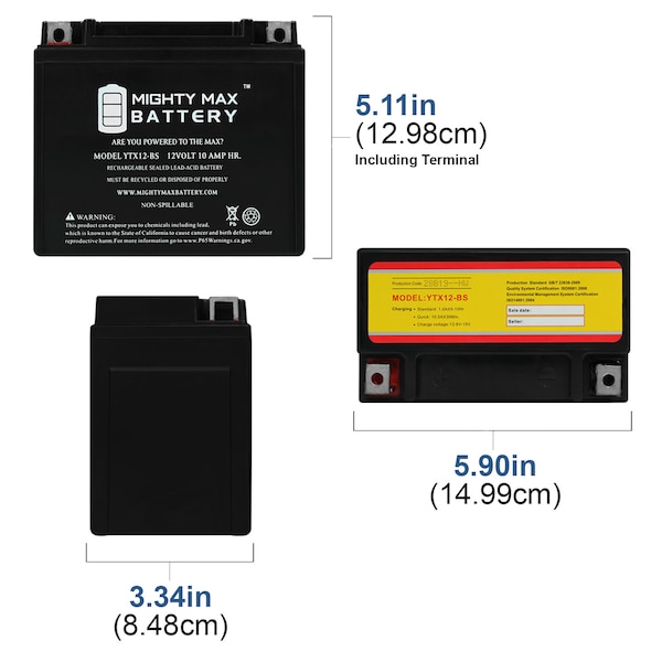 Mighty Max Battery YTX12-BS 12V 10AH Battery for ATV Motorcycle Scooter - YTX12-BS182