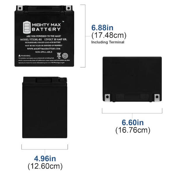 Mighty Max Battery YTX30L-BS Replacement for CB30L-B, 30L-B, C30L-B, M22H30 - YTX30L-BS27