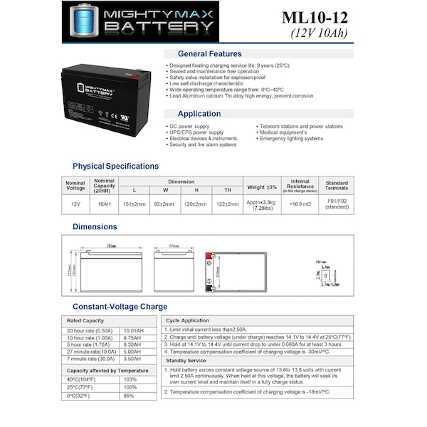 Mighty Max Battery 12V 10AH SLA Replacement Battery for Relion RB10 - MAX3968141