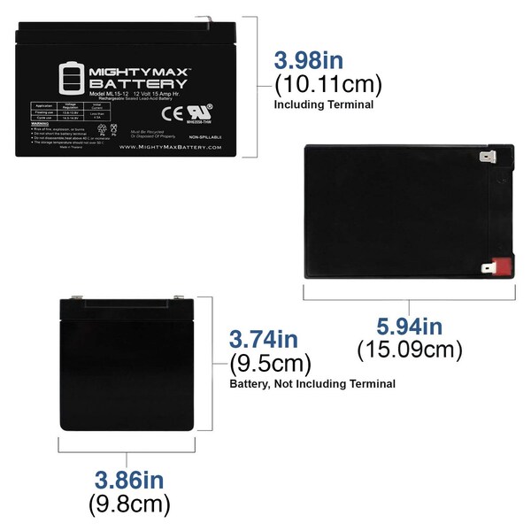 Mighty Max Battery ML15-12 12V 15AH F2 BATTERY REPLACEMENT FOR Costco 360 Eco Electric - 4PK - MAX3439230