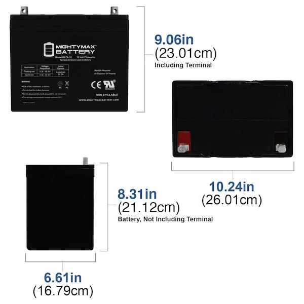 Mighty Max Battery 12V 75Ah SLA Replacement Battery for Power-Sonic PG-1275FR - MAX3970819
