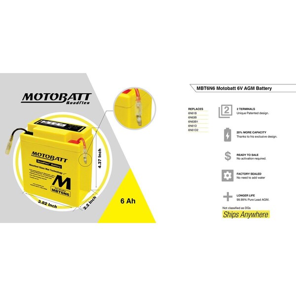 Motobatt 6V 6Ah AGM Powersports Battery replaces 6N61B 6N6-3B 6N63B1 6N61D 6N61D2 - MBT6N6