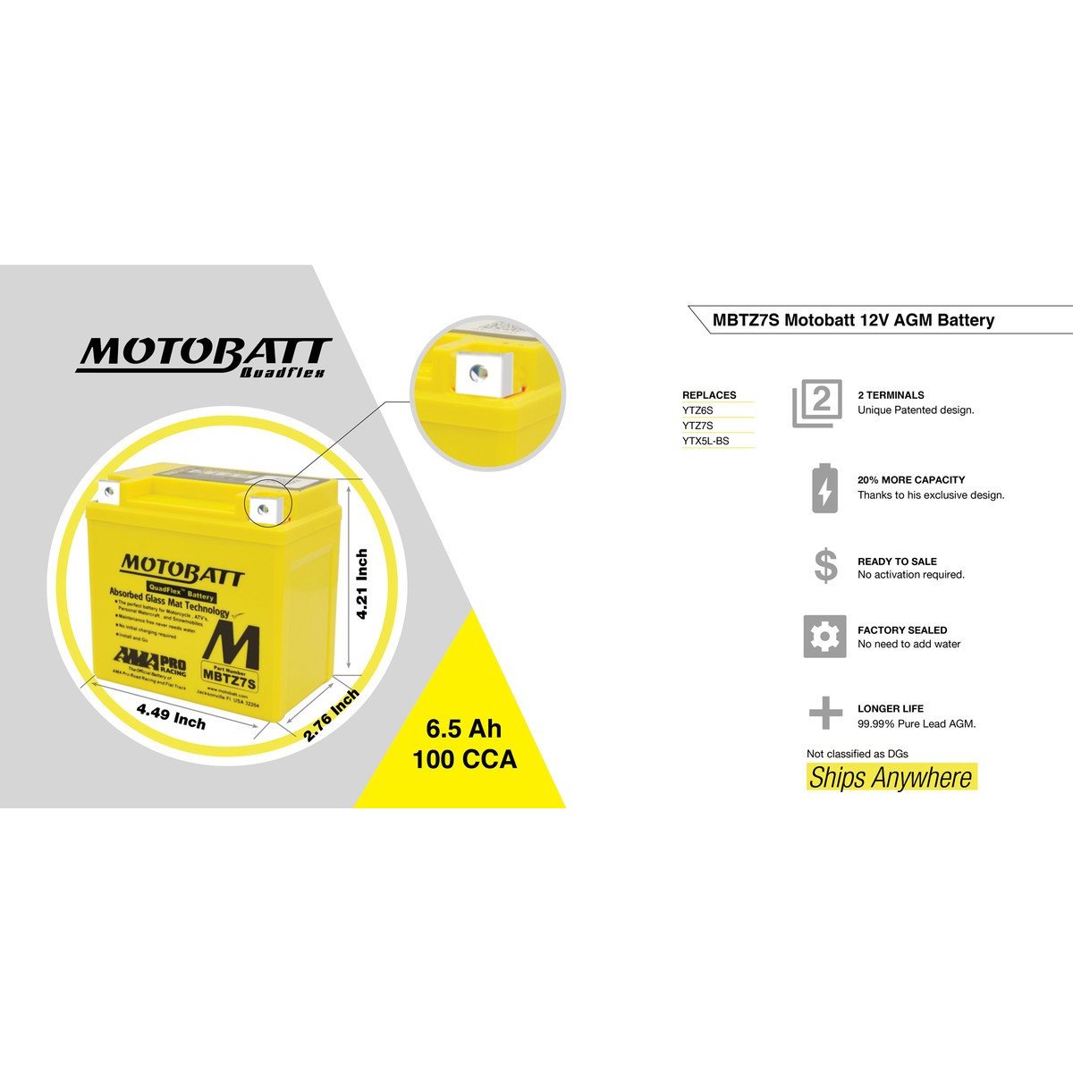 Motobatt 6.5Ah 130 CCA AGM Powersports Battery replaces YTX5L - MBTZ7S