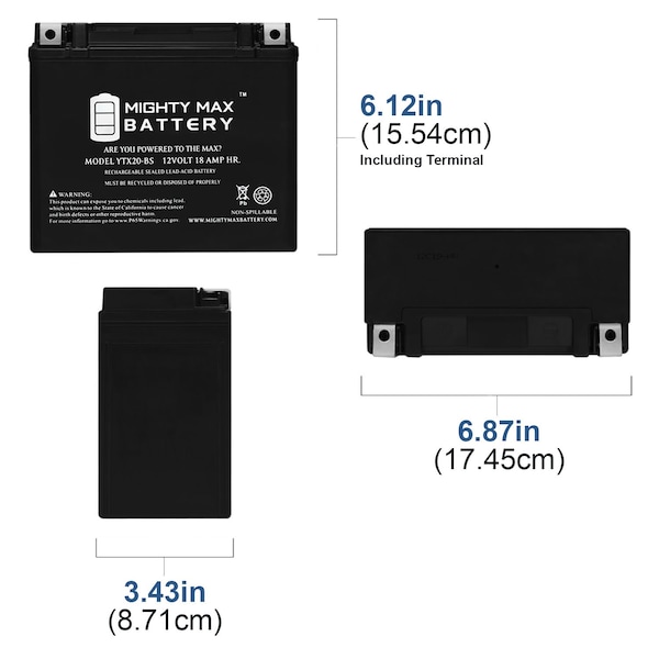 Mighty Max Battery YTX20-BS Replaces Arctic Cat 500 F6, F8, F1000 07-09 With 12V 4Amp Charger - MAX3902455