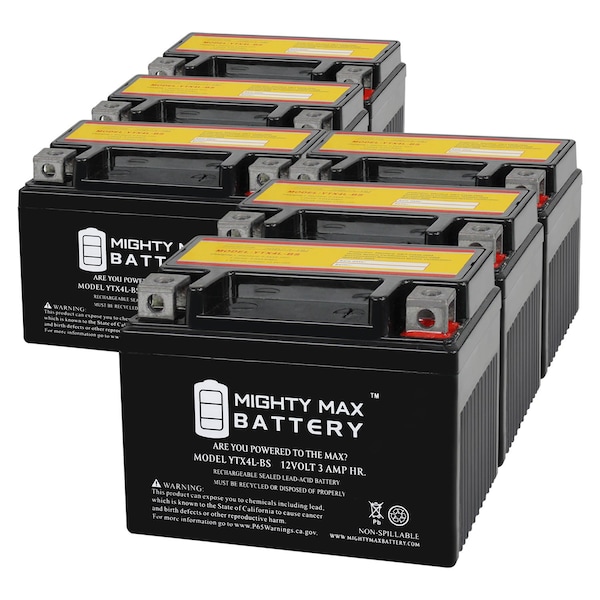 Mighty Max Battery YTX4L-BS 12V 3Ah Replacement Battery for Can-Am DS50, DS70, DS90 Kasea Mini Skyhawk - 6PK - MAX4030154