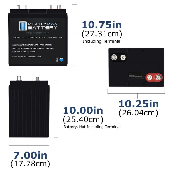 Mighty Max Battery 6V 210AH Dual Terminal SLA Replacement Battery Compatible w/ BCI Group GC2 Deep Cycle AGM Scrubber - MAX4093449