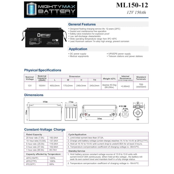 Mighty Max Battery 12V 150AH SLA Replacement Battery for Torxe 150 - MAX3970790