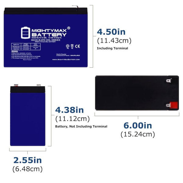 Mighty Max Battery ML10-12GEL - 12 Volt 10 AH, GEL Type, F2 Terminal, Rechargeable SLA AGM Battery - MAX4057493