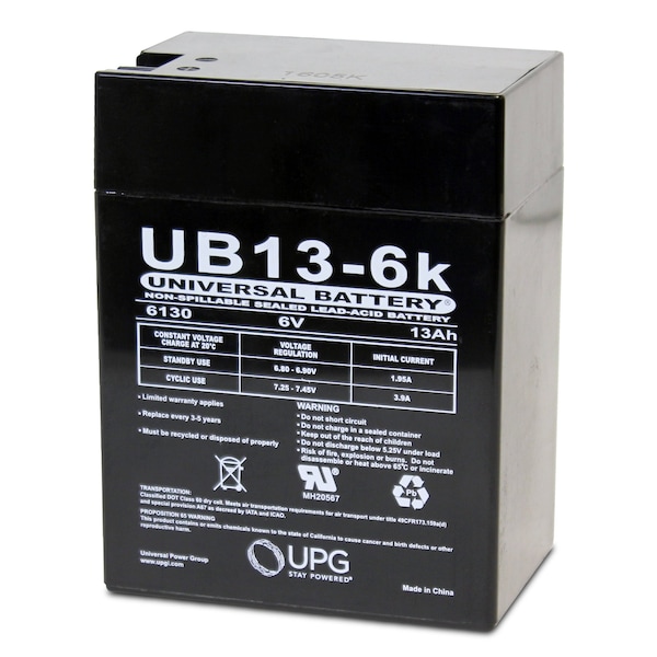 Upg Sealed Lead Acid Battery, 6 V, 13Ah, UB6130 Toy, NegF1, PosF2 Faston Tab Terminal, AGM Type - 40575