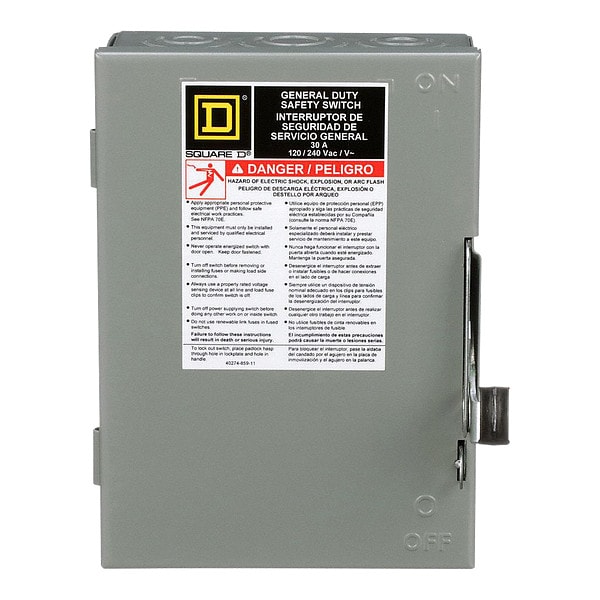 Interruptor de seguridad fusible Square D, deber general, 240V CA, 2PST, 30 A, NEMA 1 - D211N
