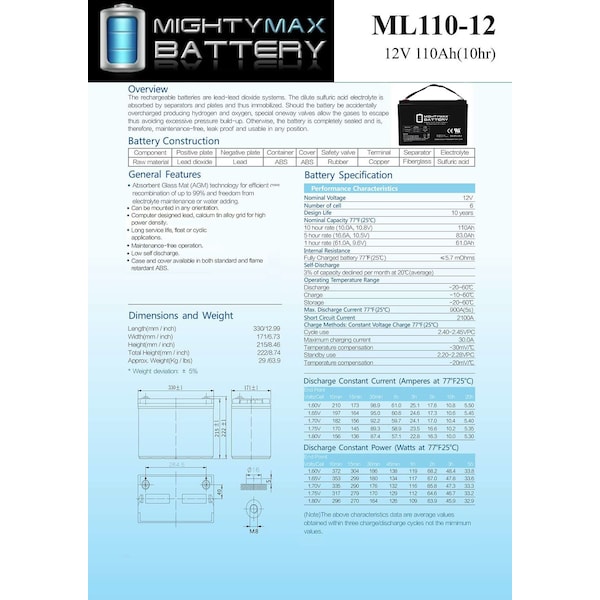 Mighty Max Battery 12V 110AH SLA Replacement Battery for Bright Way Group BW 121100 Z - MAX3944782