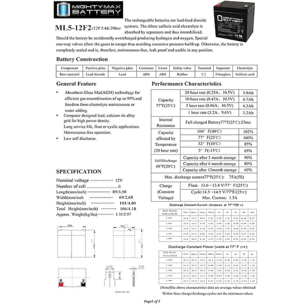 Mighty Max Battery 12V 5Ah F2 SLA Replacement Battery for Home Alarm Security System - MAX3974367
