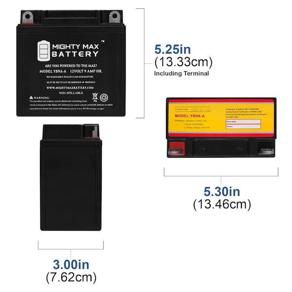 Mighty Max Battery YB9A-A 12V 9AH 130 CCA Battery Replacement for MF CB9A-A Battery - YB9A-A6