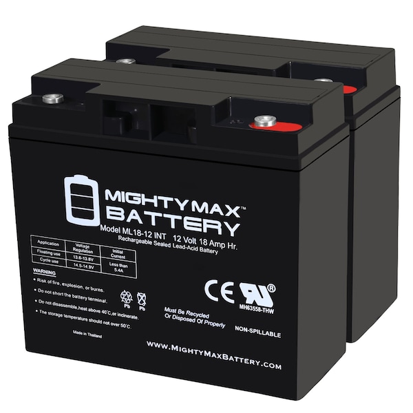 Mighty Max Battery 12V 18AH SLA INT Replacement Battery for NP18-12B PC12180 PE12V15 - 2PK - MAX3972240