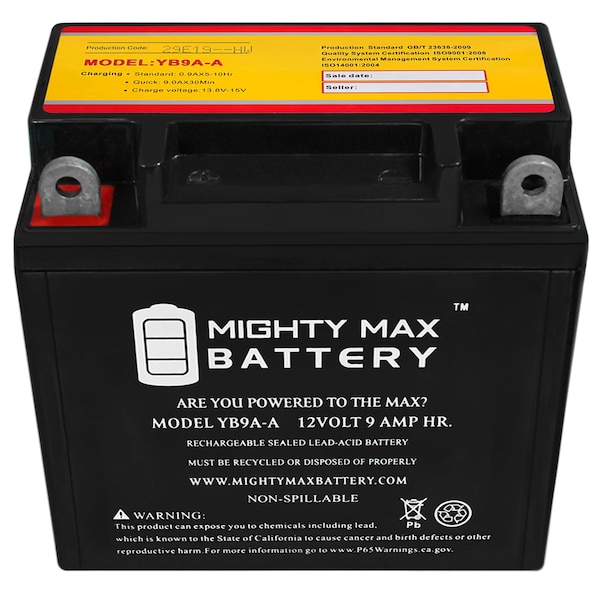 Mighty Max Battery YB9A-A 12V 9AH 130 CCA Battery Replacement for Interstate YB9A-A - YB9A-A41