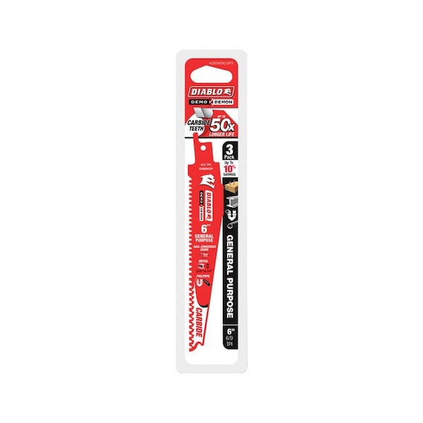 Diablo Demo Demon 6 in. Carbide Reciprocating Saw Blade 6/9 TPI 3 pk - DS0609CGP3