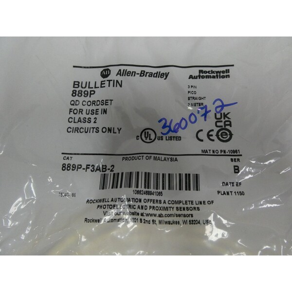 Allen Bradley Cable de Cordset Recto de 3 Pines Pico QD de 2M - 889P-F3AB-2