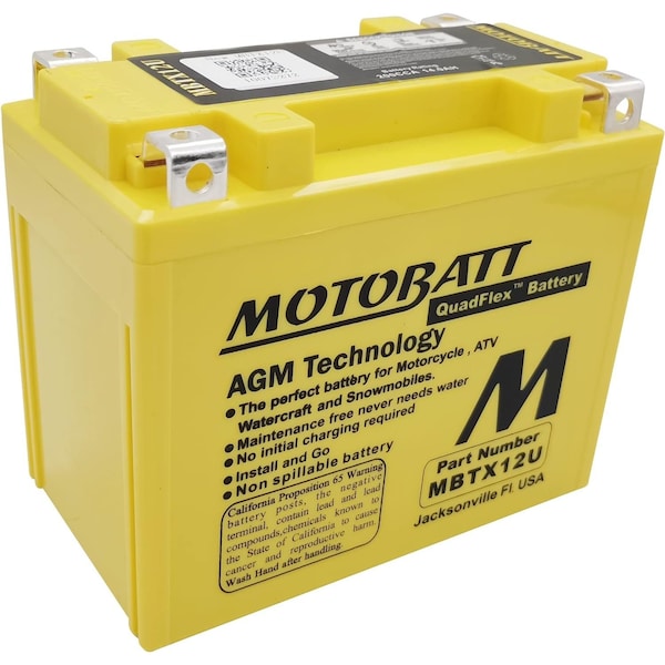 Motobatt 14Ah 200 CCA AGM Powersports Battery replaces YTX12 YB12BB2 YTX12BS YTX12 ETX12 PC545 - MBTX14AU