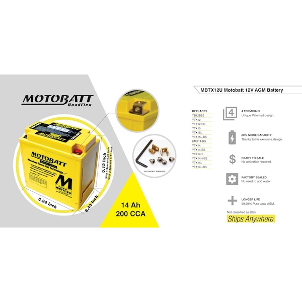 Motobatt 14Ah 200 CCA AGM Powersports Battery replaces YTX12 YB12BB2 YTX12BS YTX12 ETX12 PC545 - MBTX14AU