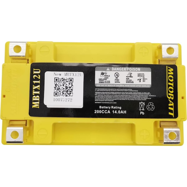 Motobatt 14Ah 200 CCA AGM Powersports Battery replaces YTX12 YB12BB2 YTX12BS YTX12 ETX12 PC545 - MBTX14AU