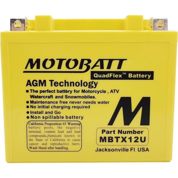 Motobatt 14Ah 200 CCA AGM Powersports Battery replaces YTX12 YB12BB2 YTX12BS YTX12 ETX12 PC545 - MBTX14AU