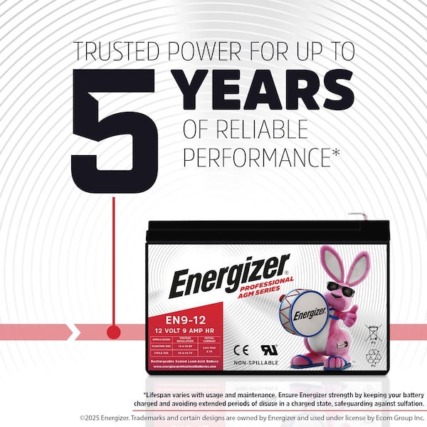 Energizer EN9-12, 12 Volt 9 Amp Hr, Long Lasting Sealed Lead Acid AGM Rechargeable Battery - EN4098461