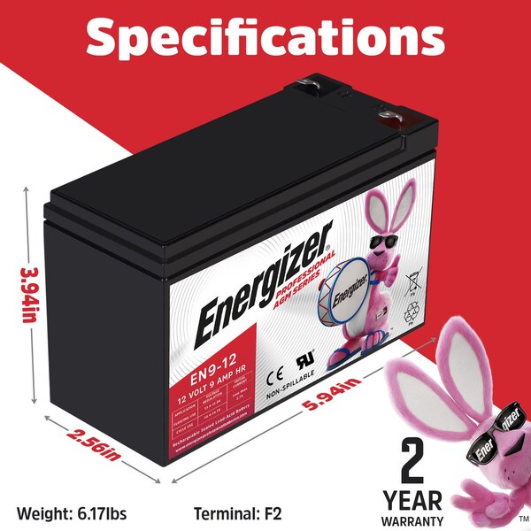 Energizer EN9-12, 12 Volt 9 Amp Hr, Long Lasting Sealed Lead Acid AGM Rechargeable Battery - EN4098461
