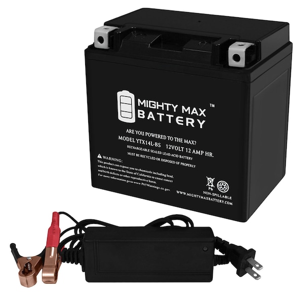 Mighty Max Battery YTX14L-BS Replaces Harley Sportster Low XL1200L 06-11 With 12V 2A Chargr - MAX3843770