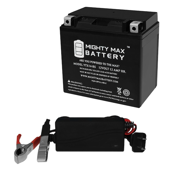 Mighty Max Battery YTX14-BS 12V 12AH Replaces 350cc YFM350F Big Bear 96+12V 1Amp Charger - MAX3456377