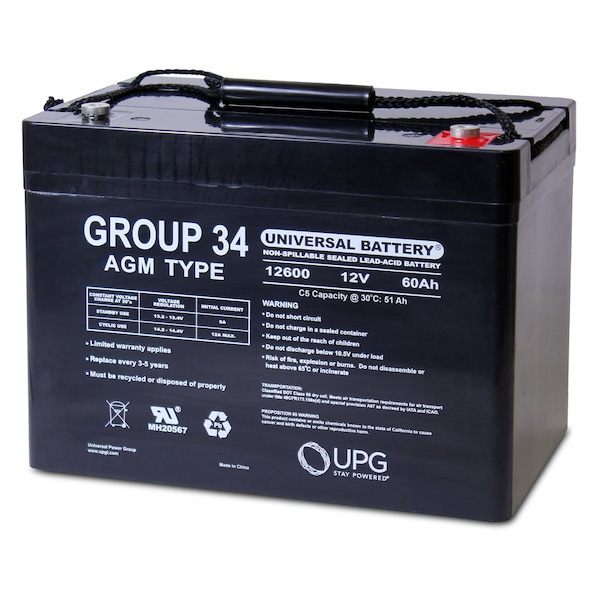 Upg Sealed Lead Acid Battery, 12 V, 60Ah, UB12600, I6 Internal Thread Terminal, AGM, Group 34 Type - 40503