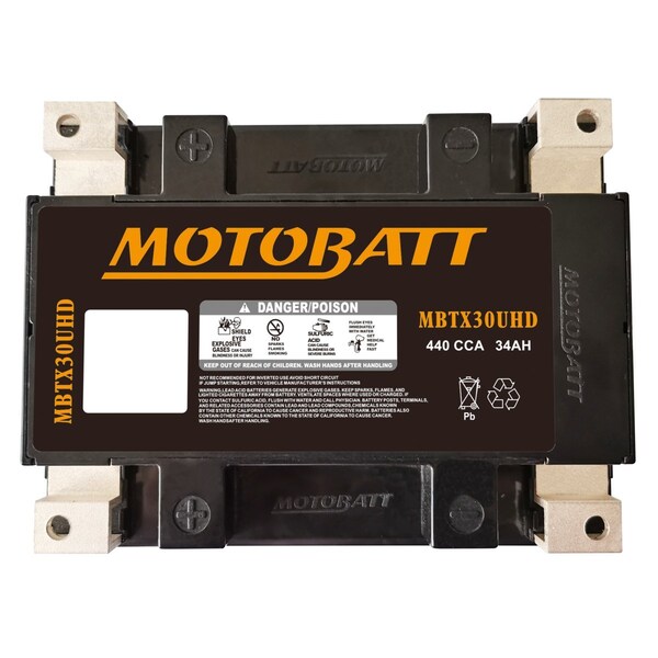 Motobatt 34Ah 440 CCA AGM Powersports Battery replaces Y60N24 Y60N30 12N24 YIX30 52515 53030 EXT30 PC925 - MBTX30UHD