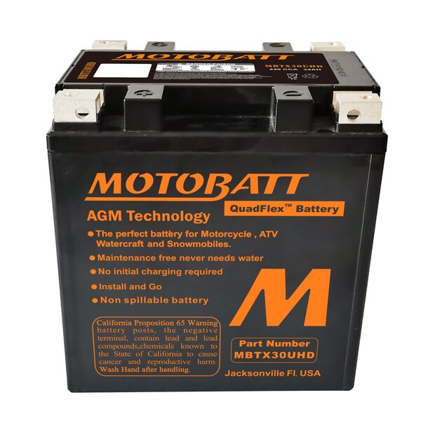 Motobatt 34Ah 440 CCA AGM Powersports Battery replaces Y60N24 Y60N30 12N24 YIX30 52515 53030 EXT30 PC925 - MBTX30UHD