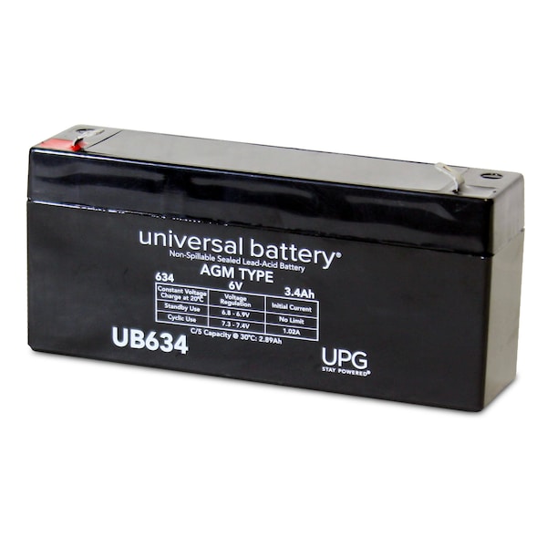 Upg Sealed Lead Acid Battery, 6 V, 3.4Ah, UB634, F1 (Faston Tab) Terminal, AGM Type - D5732